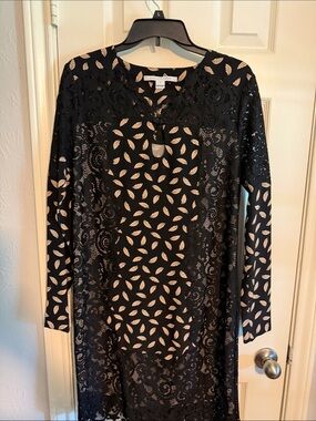 Diane Von Furstenberg Black Dress with Cream Leaf Motif and Lace Overlay
